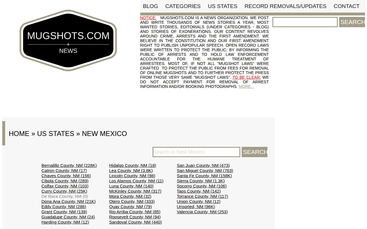 Mugshots.com New Mexico county directory presented as a historical secondary index