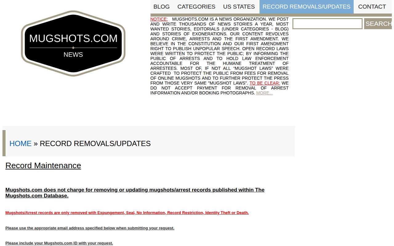 Mugshots.com record-maintenance policy with qualifying grounds and evidence requirements