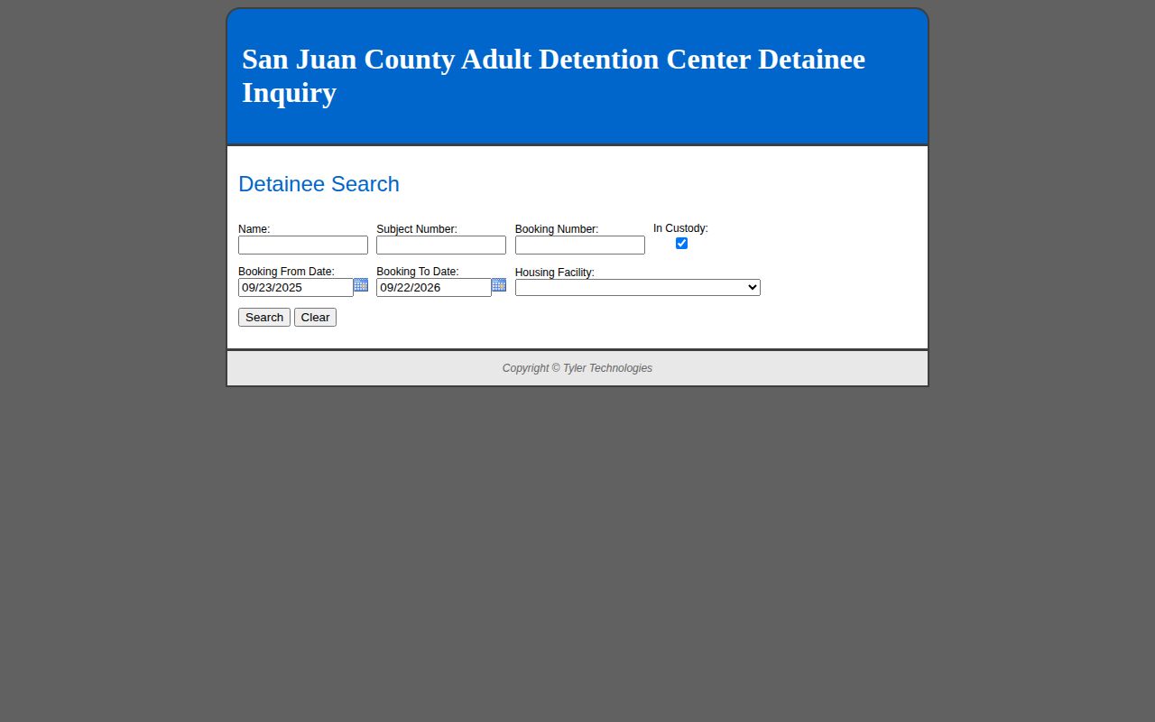 San Juan County Adult Detention Center public inmate-search fields