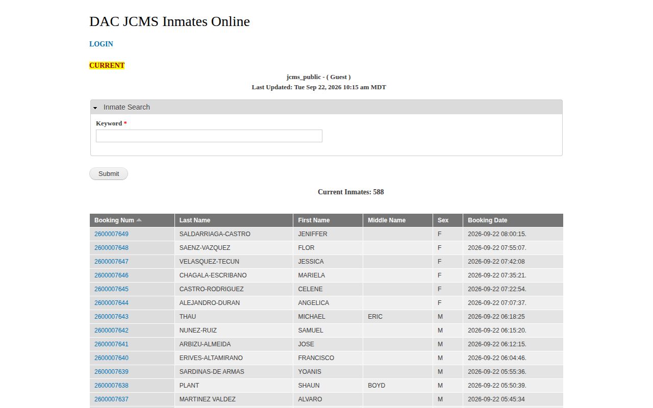 Doña Ana County official inmate list header and booking update information