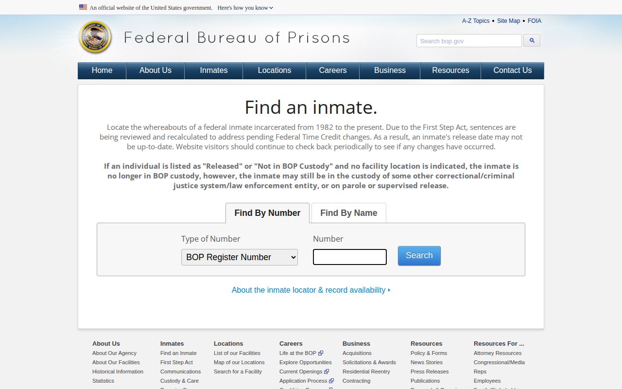 Federal Bureau of Prisons inmate locator form for federal custody status
