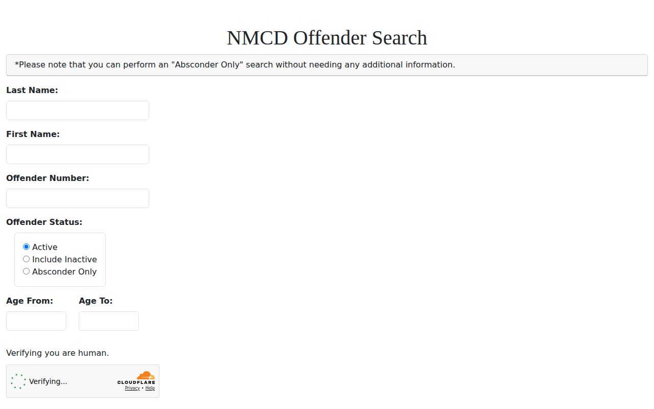 New Mexico Corrections Department offender-search form with name and offender-number fields