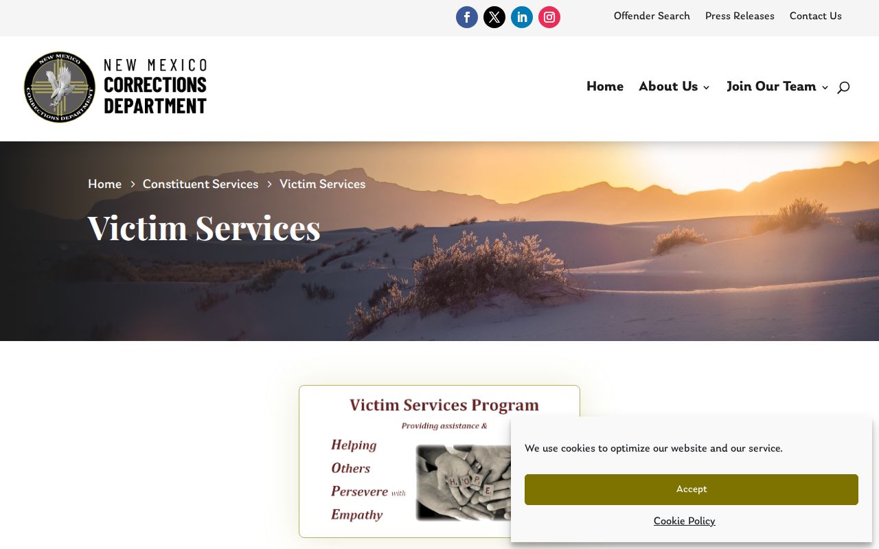 New Mexico NMCD victim-services page explaining offender search information and inmate photos